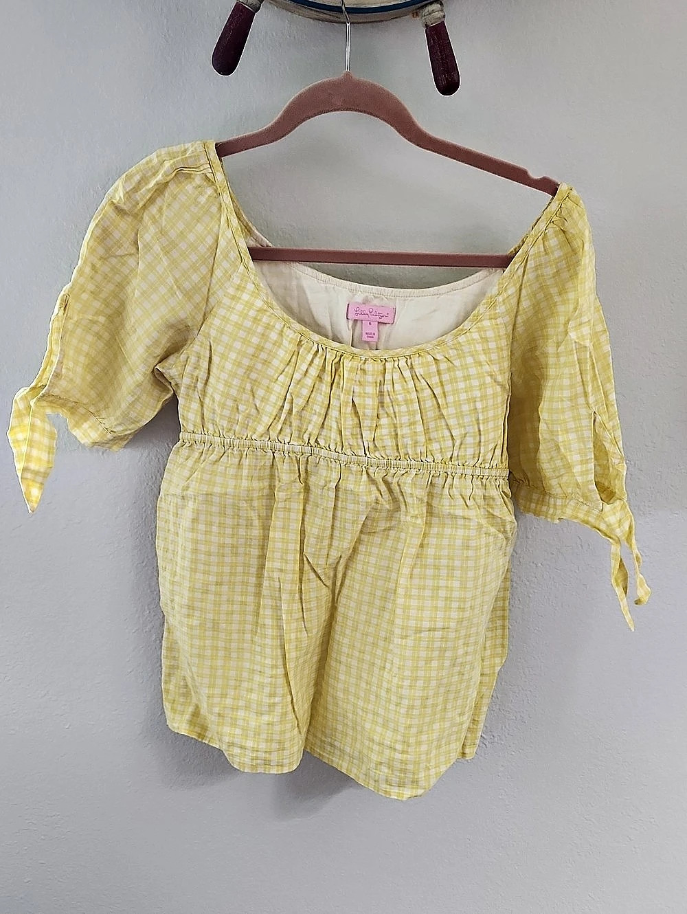 Lilly Pulitzer Lettie Eyelet Top Gingham Blouse Yellow & White Size 6